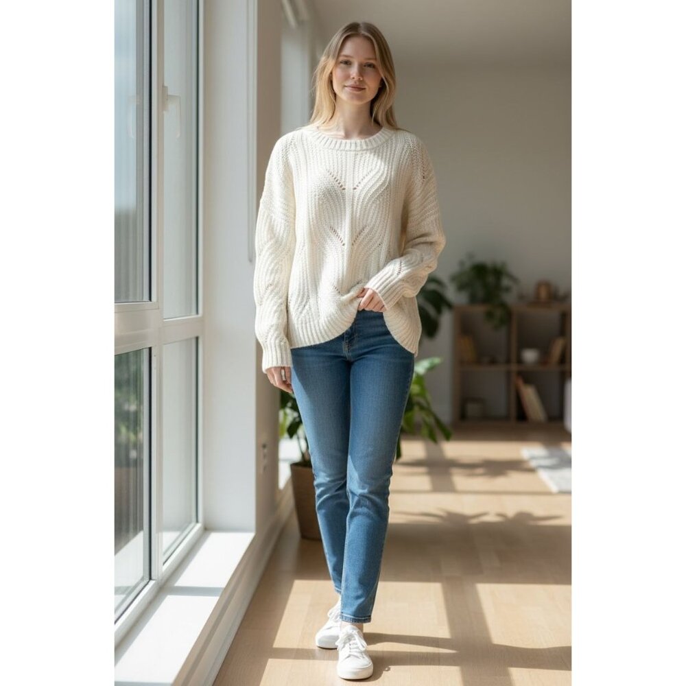 Madwell Womens Size M Soft Sweater Cream Alpaca Blend Long Sleeve Pullover Cozy